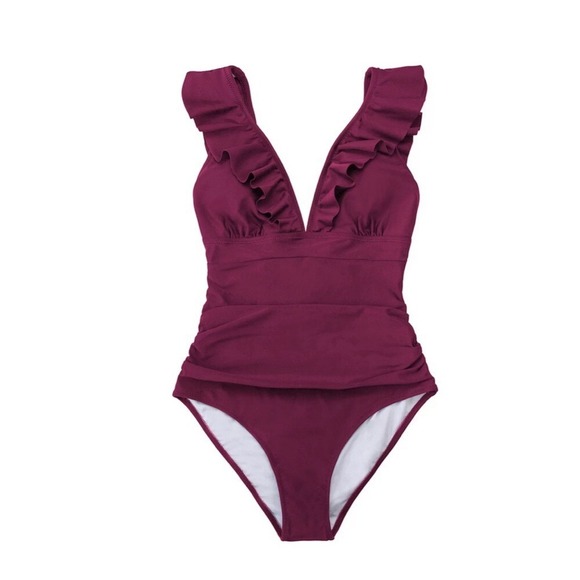 Cupshe‎ Ruffle V-Neck Open Strap Back One Piece Swimsuit Bathing suit Sz Med - Picture 1 of 11